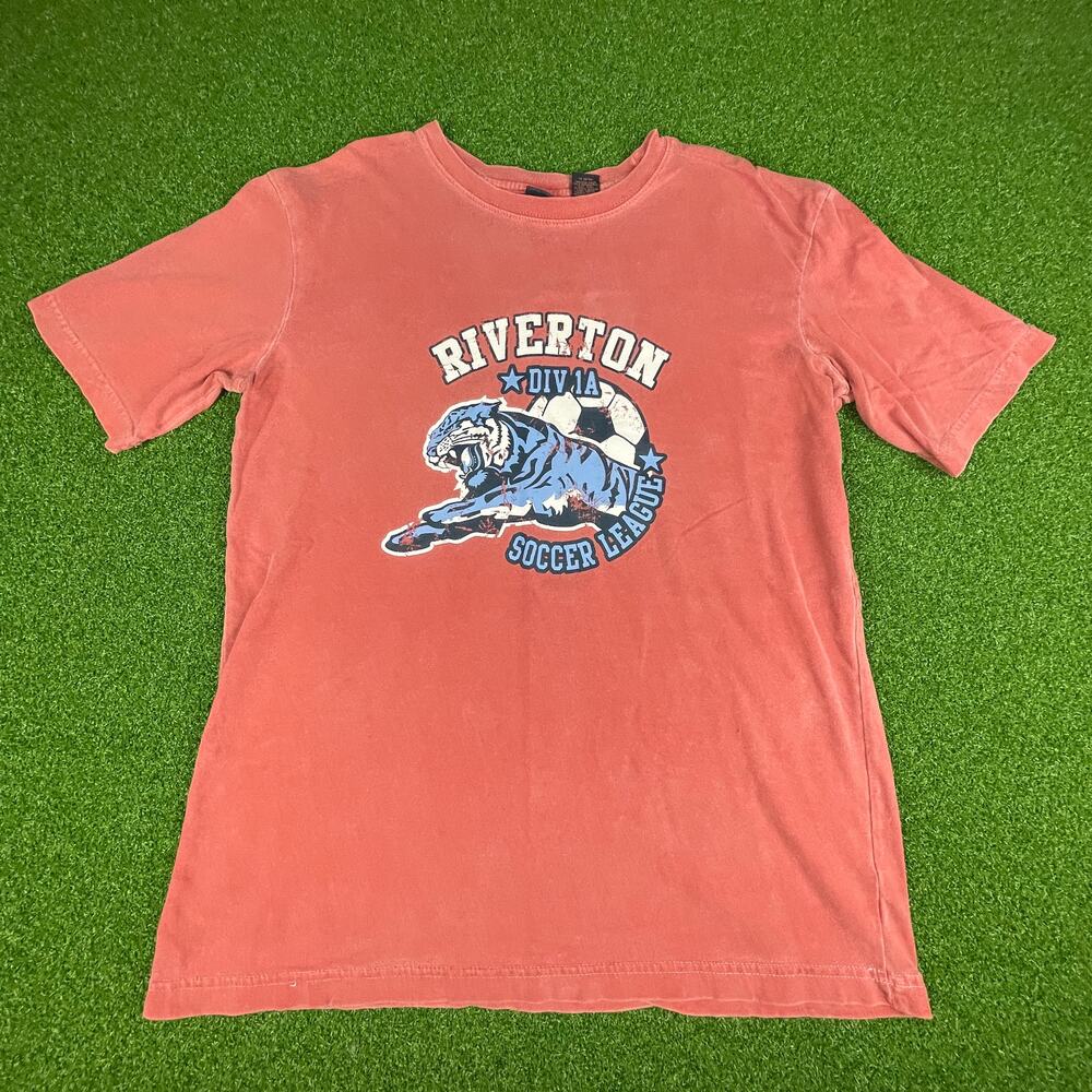 Vintage Riverton Div 1A Soccer League Tiger Logo Peach Crew Neck T-Shirt Sz M